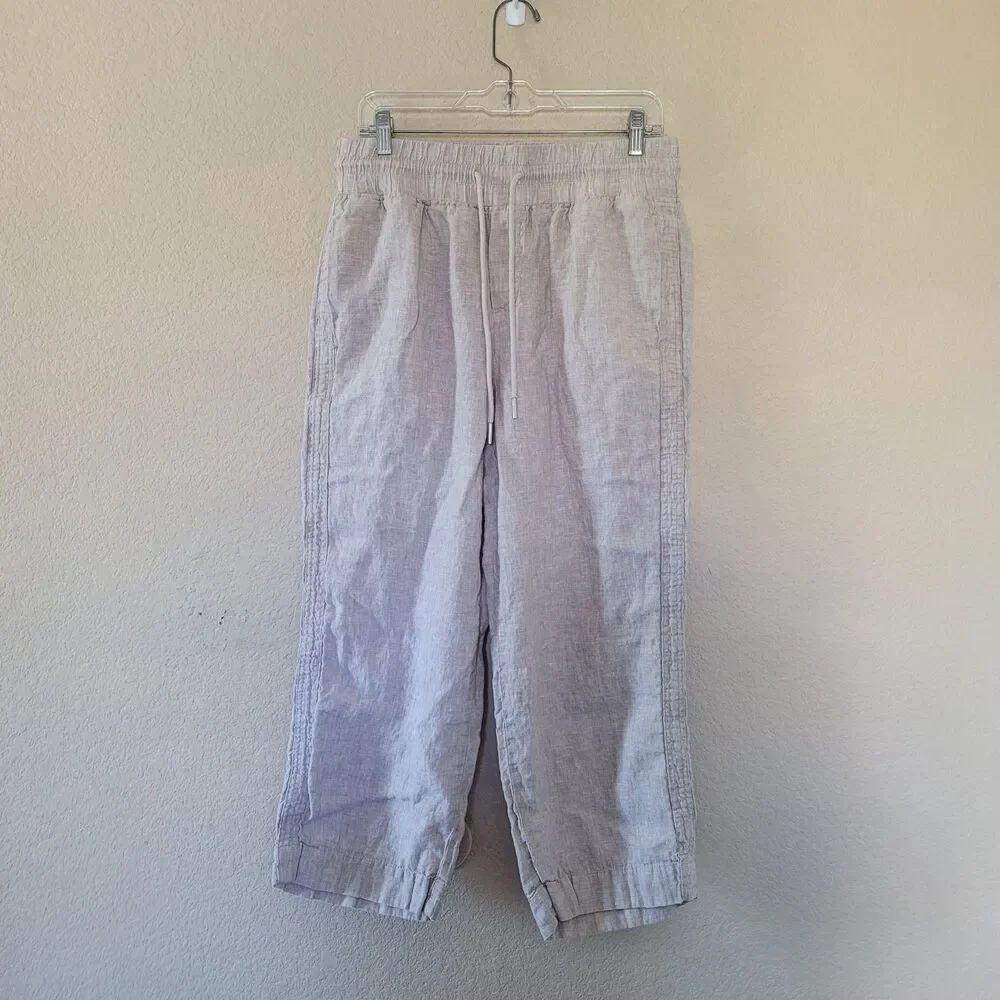 Quince 100% European Linen Flax Wide Leg Pants Size Large Beige Pull On Cropped